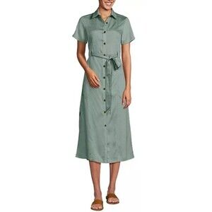 NEW Lands End Green Lyocell Short Sleeve Belted Midi Shirt Dress 1X PLUS Safari